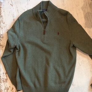 Polo by Ralph Lauren Men's Olive Green Half-Zip Sweater with Burgundy Pony
